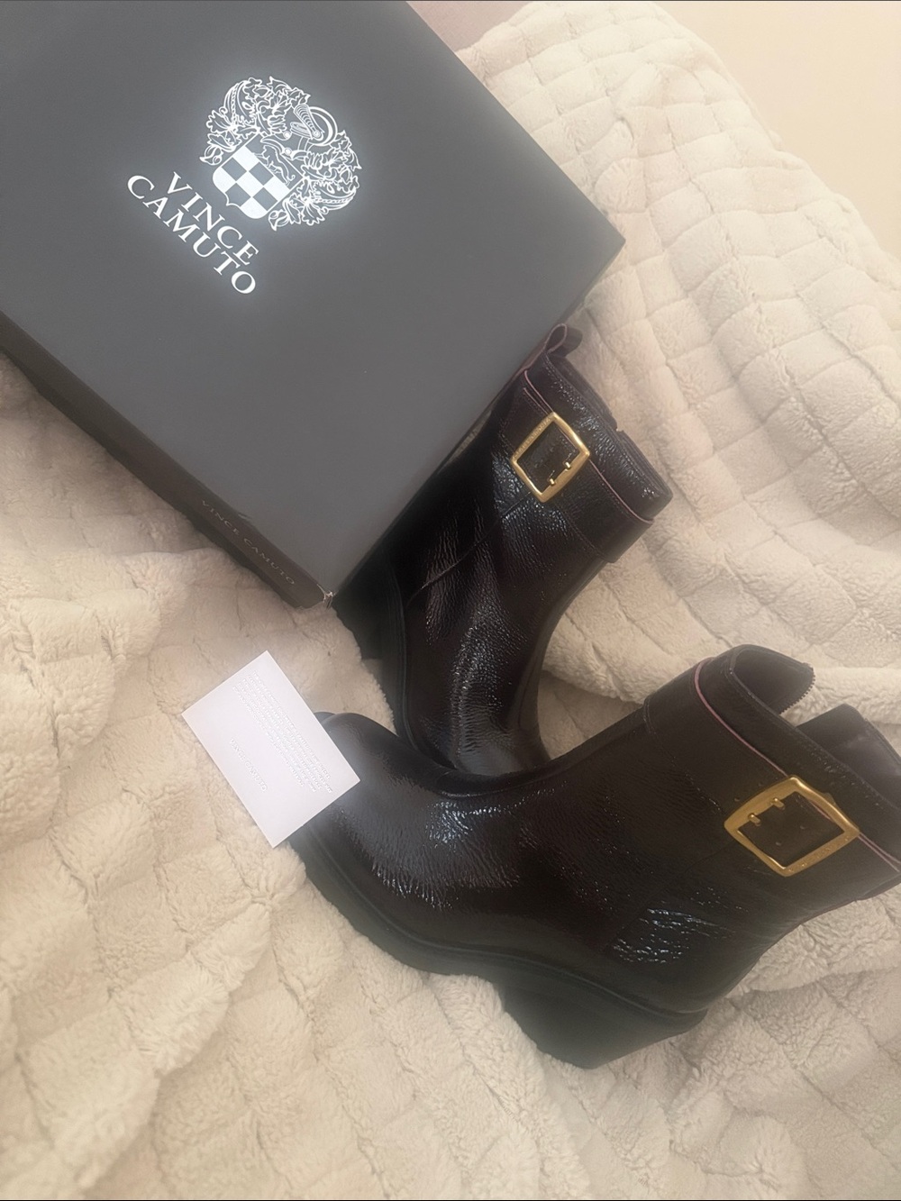 Vince Camuto Dark Brown Patent Leather Ankle Boots with Gold Buckles